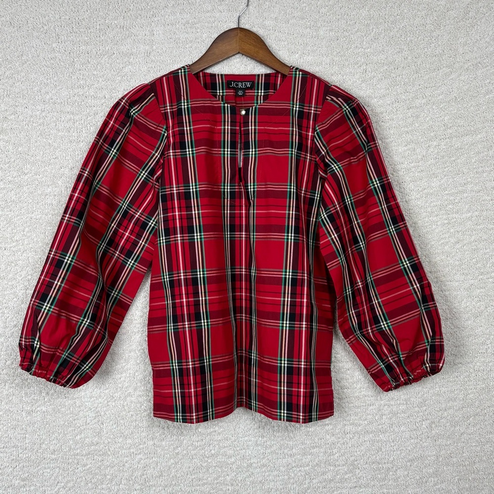 J. Crew Top Womens XXS Red Puff Sleeve Poplin Blouse‎ Good Tidings Plaid Cotton